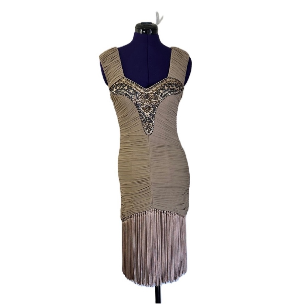 Sue Wong Nocturne Beaded Flapper Fringe Ruched Silk Mesh Cocktail Dress